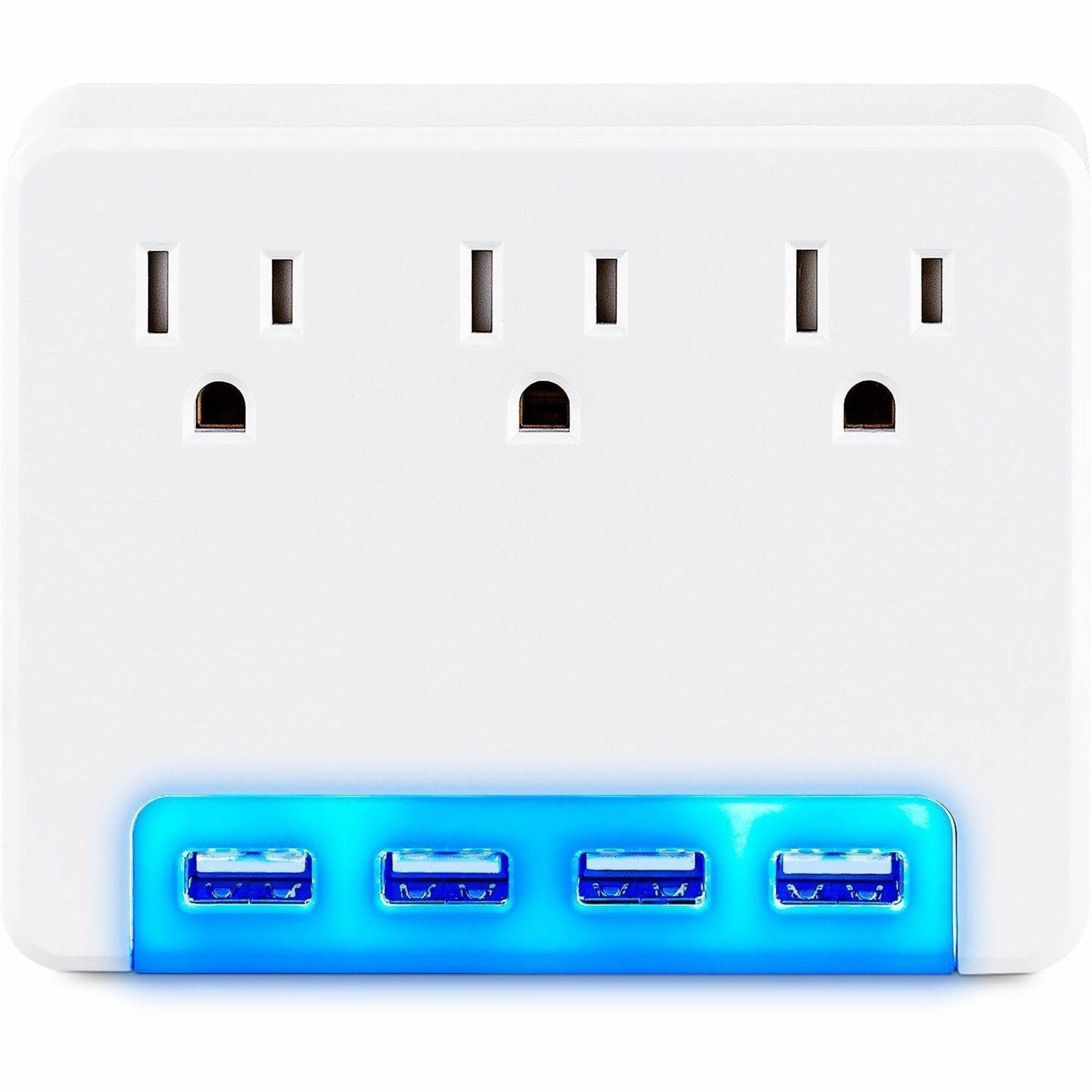 White wall tap surge protector with three AC outlets and four blue LED-illuminated USB ports-alternate-image1