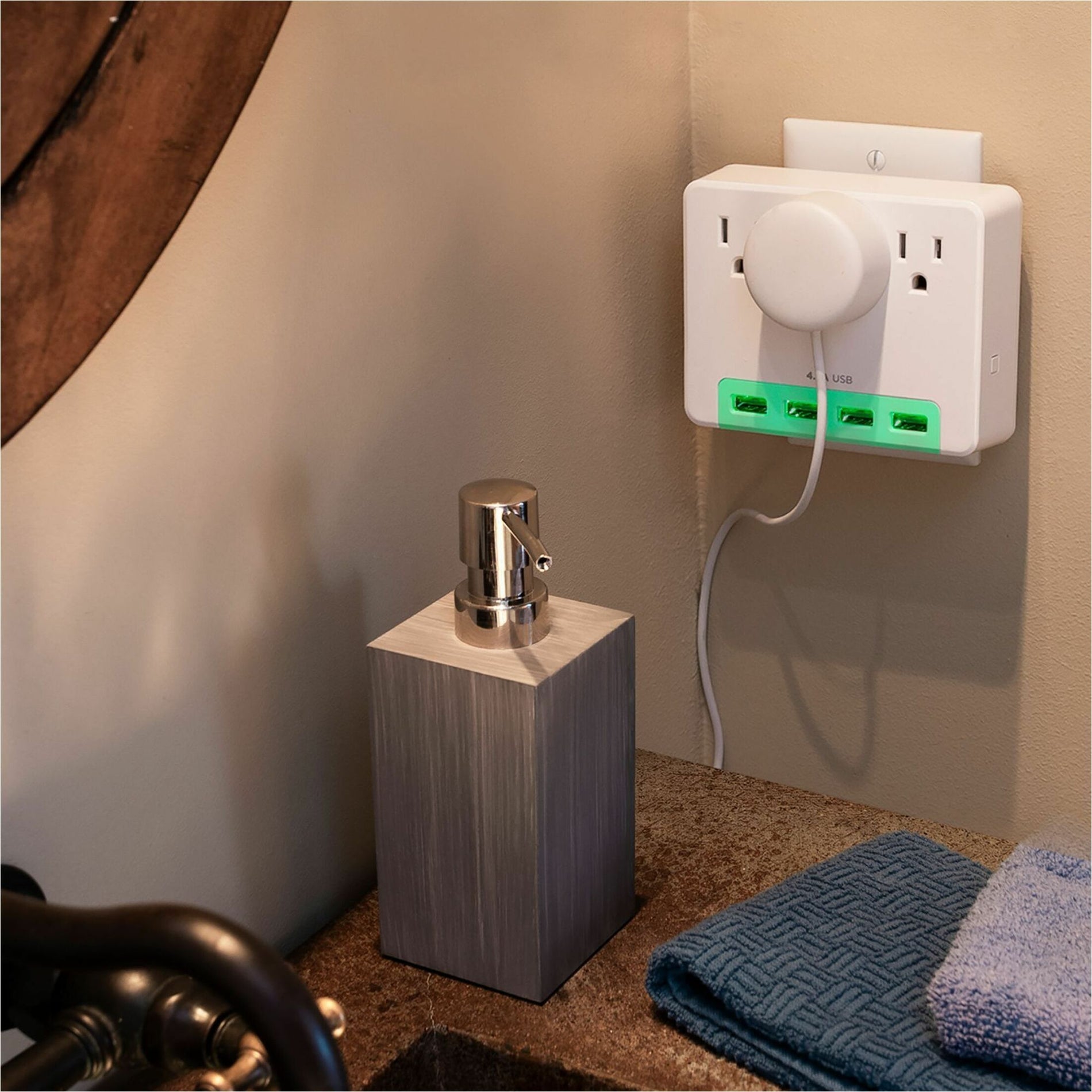 Surge protector mounted near bathroom vanity with green LED lighting-alternate-image13