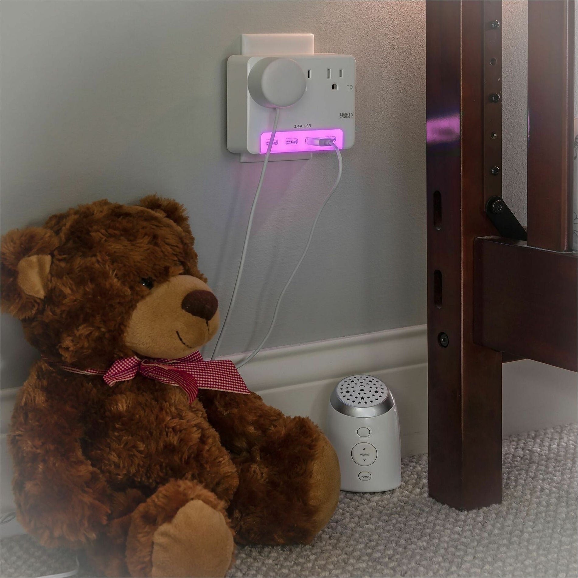 Surge protector in nursery setting with soft pink LED light and teddy bear-alternate-image9