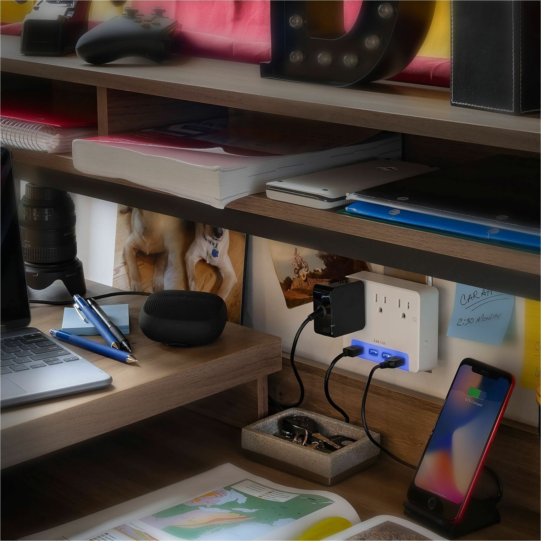 Surge protector in home office setting with multiple devices charging-alternate-image12