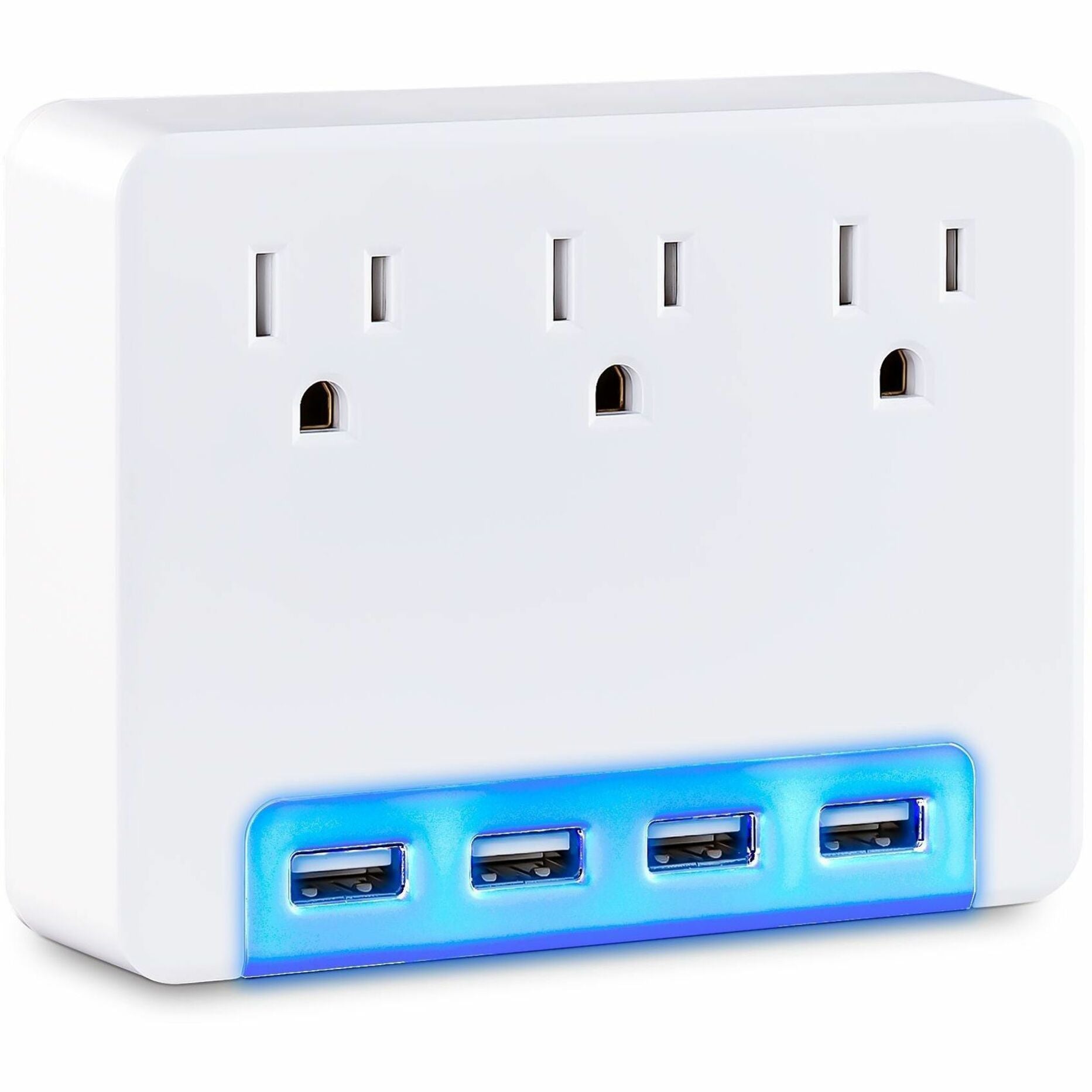 Angled view of white surge protector showing three outlets and illuminated USB charging ports-alternate-image2