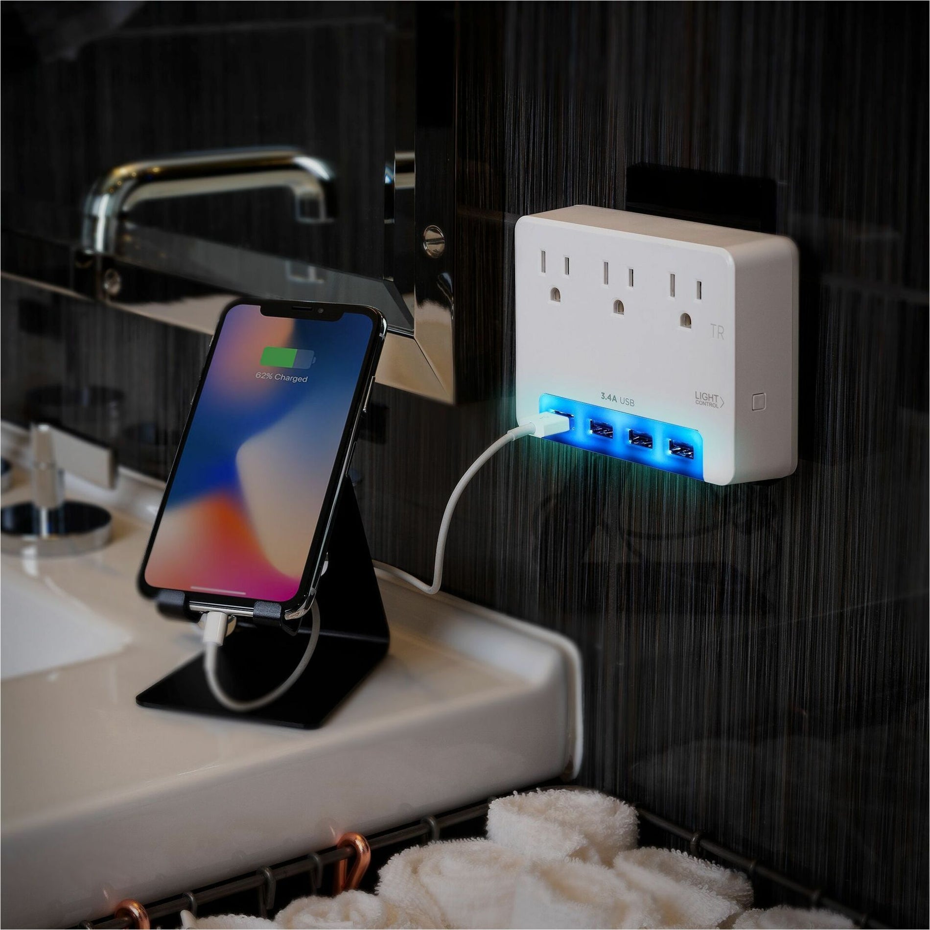 Surge protector mounted in modern bathroom with phone charging-alternate-image10