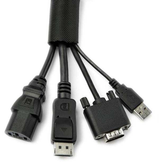 Multiple computer cables including USB, power, and display connectors emerging from black cable management sleeve