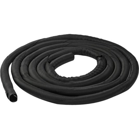 Black flexible cable management sleeve shown coiled in circular pattern displaying full 15-foot length