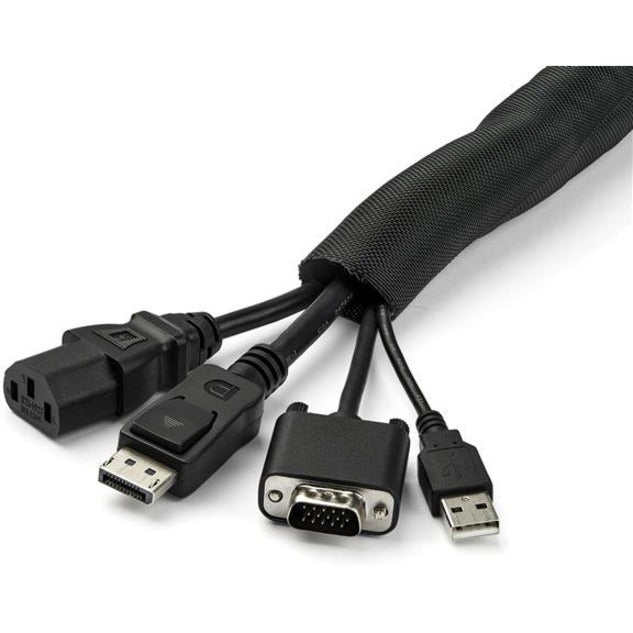 Close-up of various computer cables organized within black cable management sleeve including DisplayPort, USB, and power connections