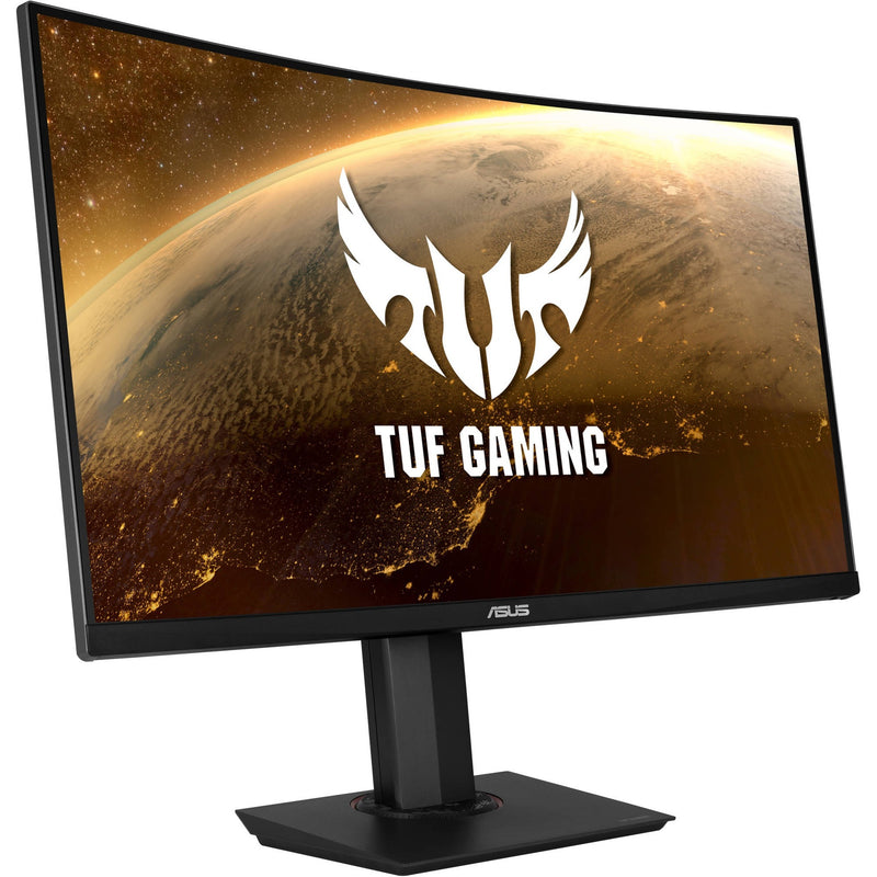 Angled view of ASUS TUF Gaming VG32VQ monitor highlighting the curved screen and gaming features