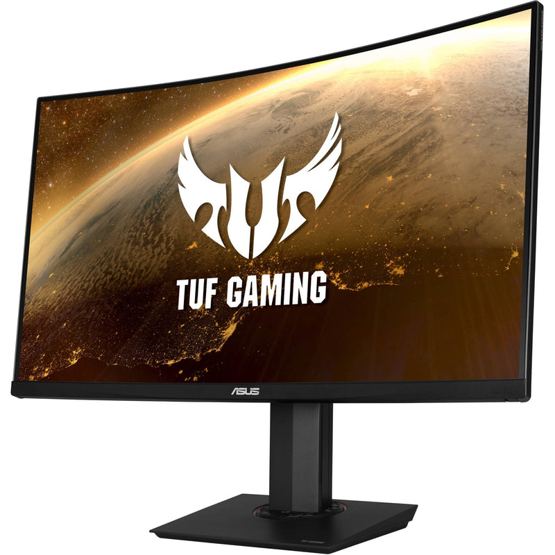 Front view of ASUS TUF Gaming VG32VQ 32-inch curved gaming monitor displaying TUF Gaming logo on screen