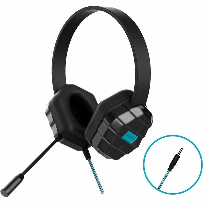 Black DropTech B1 headset with geometric protective housing, boom microphone, and braided cable with turquoise accents