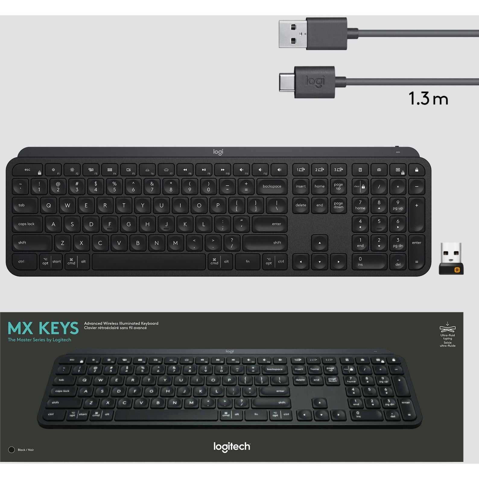 Logitech MX Keys Advanced Wireless Illuminated Keyboard - Tactile Responsive Typing, Backlighting, Bluetooth, USB-C, Metal Build (Black) [Discontinued]