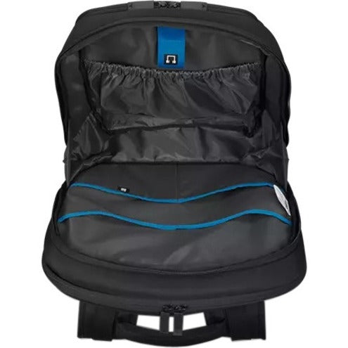 Interior view of Legion backpack showing multiple storage compartments with blue accent trim