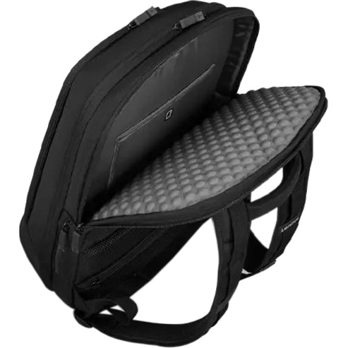 Side view showing padded laptop compartment with honeycomb protection pattern