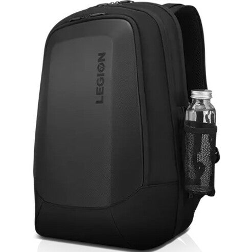 Side view of Legion backpack showing water bottle pocket with bottle