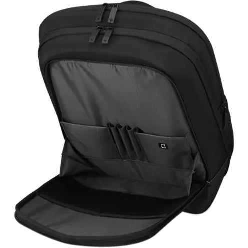 Open view of Legion backpack showing laptop compartment and organization pockets