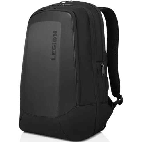 Front view of black Lenovo Legion Armored Backpack II showing hardshell protective panel and minimalist design