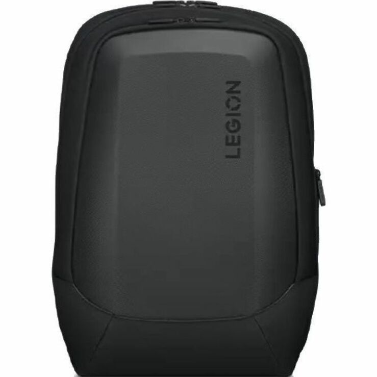 Close-up front view of the Legion backpack showing curved armor design and branding