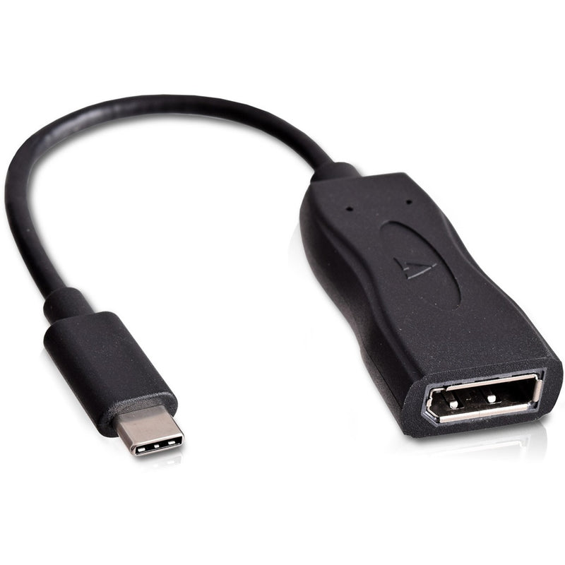 V7 USB-C male to DisplayPort female adapter in black showing full cable length and connectors