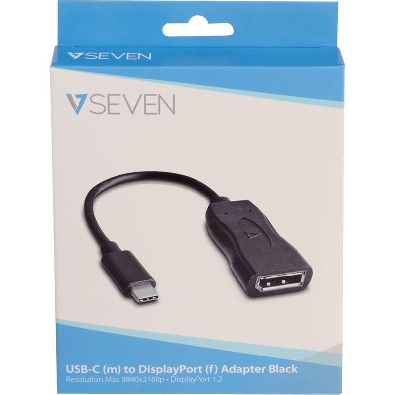 V7 USB-C to DisplayPort adapter retail packaging showing product specifications and branding