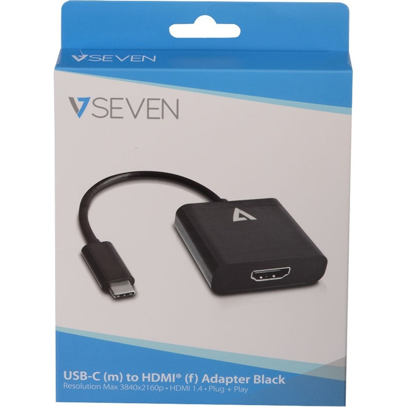 V7 USB-C to HDMI adapter retail packaging showing product image and specifications