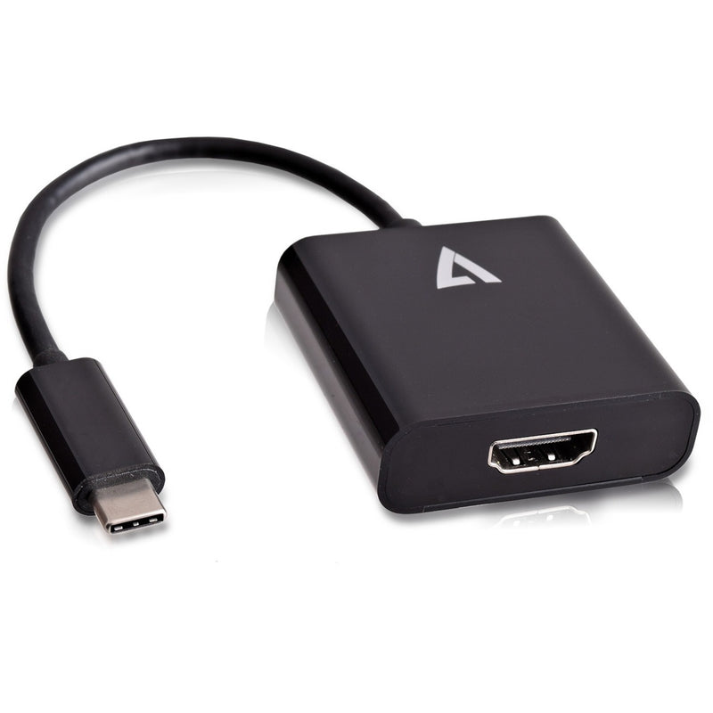 V7 USB-C to HDMI adapter showing USB-C male connector and HDMI female port in black finish