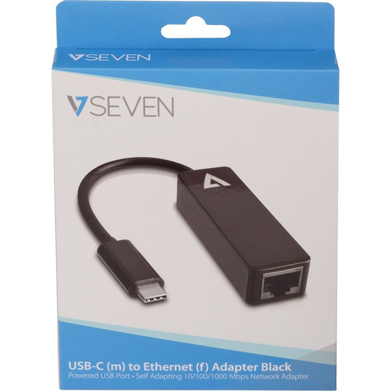 V7 USB-C to Ethernet adapter retail packaging showing product image and specifications