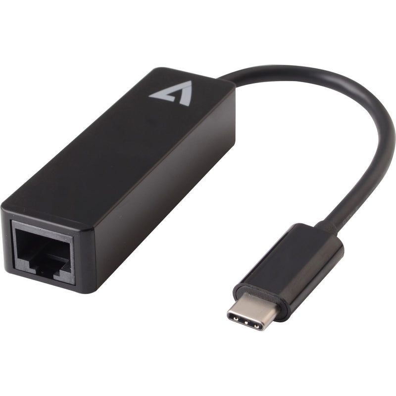 Full view of V7 USB-C to Ethernet adapter showing compact design and cable