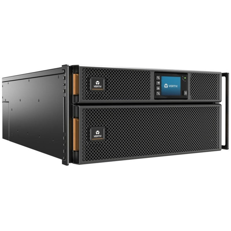 Front angled view of Liebert GXT5 10kVA UPS showing rack-mount design with LCD display and ventilated front panels