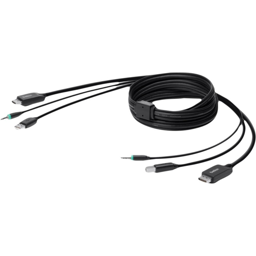 Belkin DisplayPort KVM combo cable showing multiple connectors including DisplayPort, USB, and audio ports with neat cable management-alternate-image1