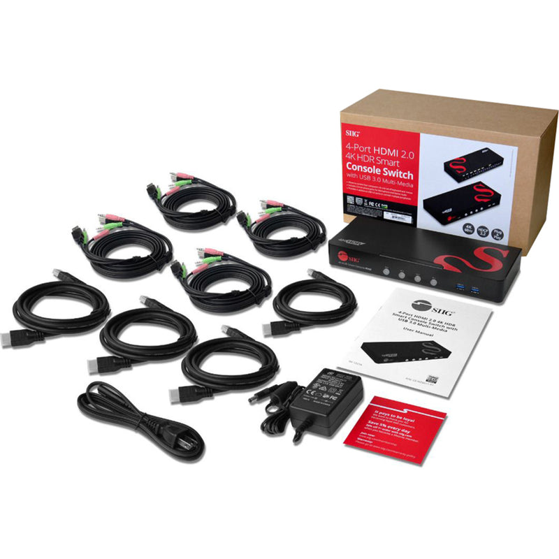 Complete package contents of SIIG KVM switch including cables and accessories