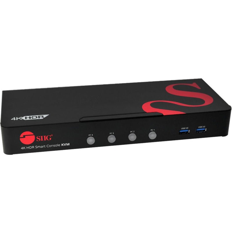 Front view of SIIG 4K HDR KVM switch showing control buttons and USB ports