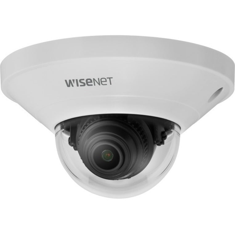 Angled perspective of Wisenet QND-8011 dome camera highlighting compact form factor and protective dome cover