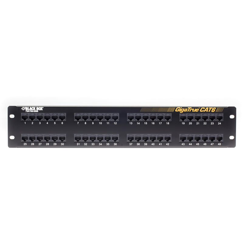 Front view of Black Box GigaTrue CAT6 48-port patch panel showing RJ-45 port arrangement