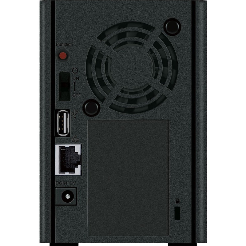 Rear panel view of Buffalo LinkStation showing ports, fan, and connectivity options