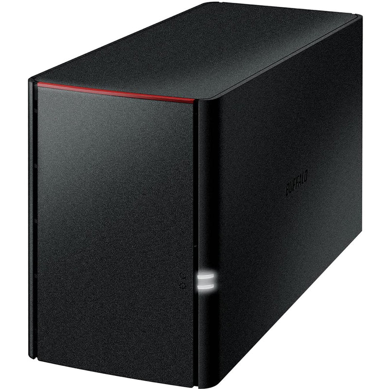 Front angled view of Buffalo LinkStation SoHo 2-bay NAS in black with red accent trim