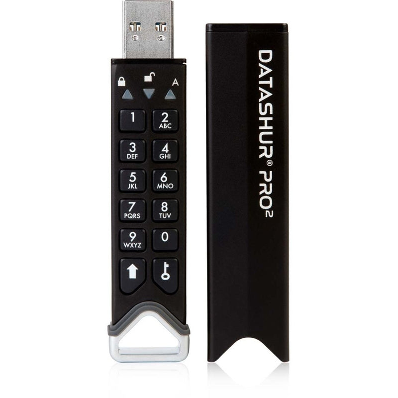 Side view of datAshur PRO2 showing keypad layout and storage compartment