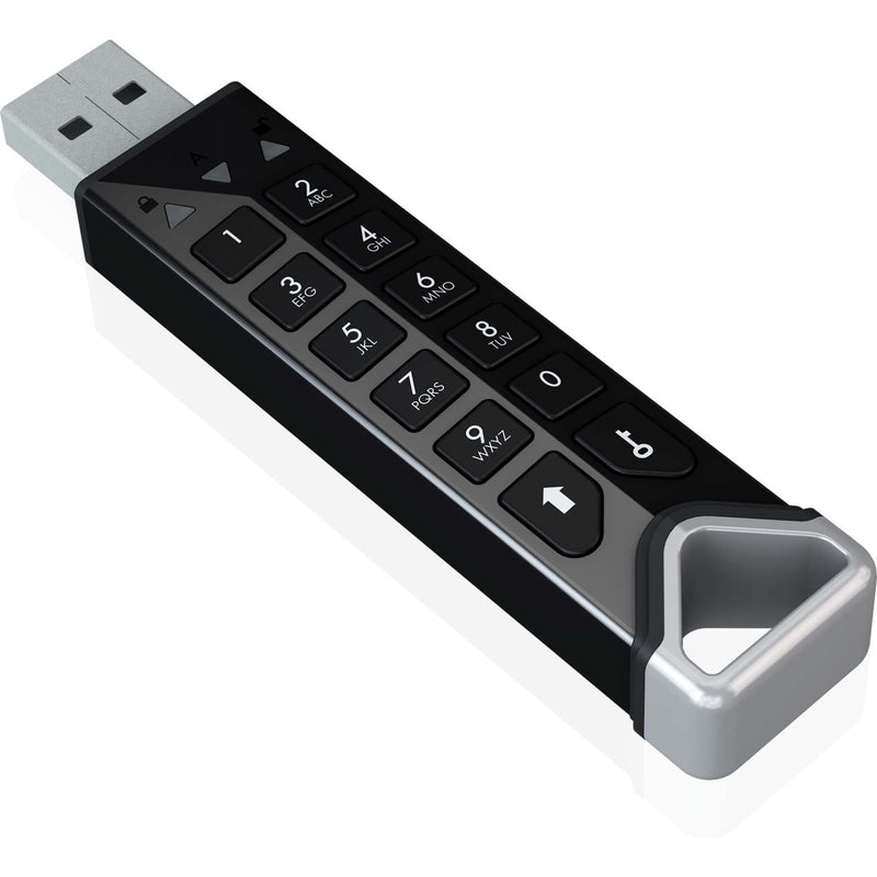 Angled view of datAshur PRO2 USB drive emphasizing secure keypad layout and design