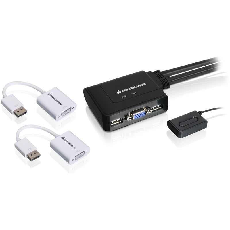 IOGEAR KVM switch with DisplayPort to VGA adapters and connection cables