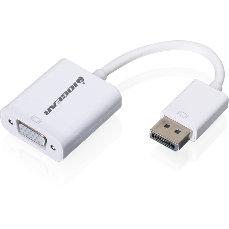 White DisplayPort to VGA adapter showing connector details