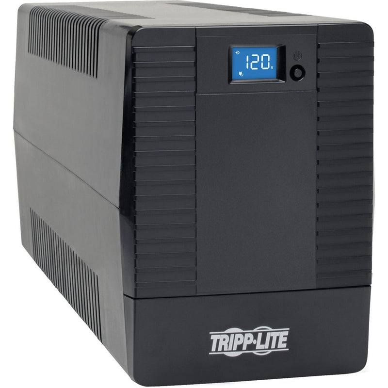 Front angled view of Tripp Lite OMNIVS1000LCD UPS showing LCD display with 120V reading