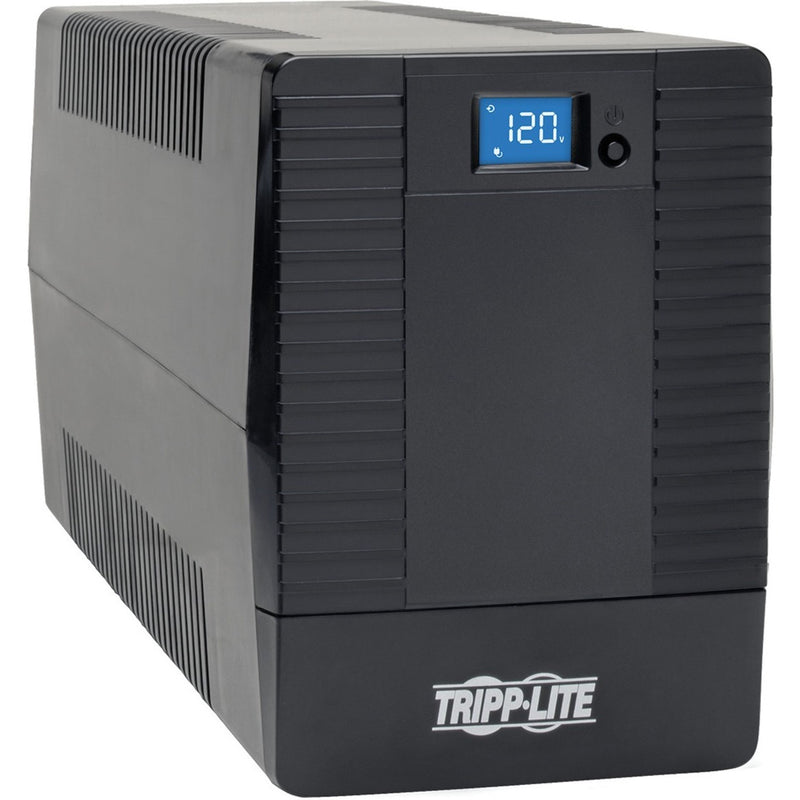 Front angled view of Tripp Lite OMNIVS1200LCD UPS showing LCD display screen with 120V reading