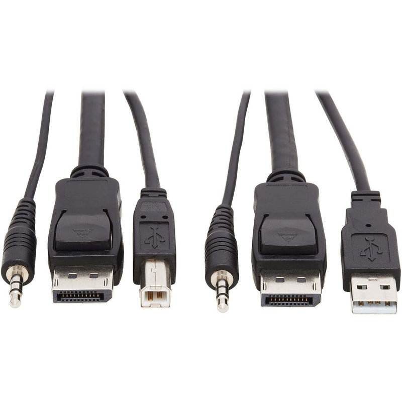 Close-up view of DisplayPort, USB, and 3.5mm audio connectors on Tripp Lite P783-006 KVM cable