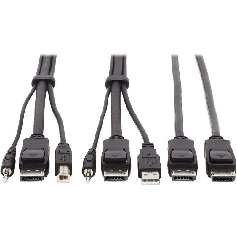 Close-up view of Tripp Lite KVM cable connectors showing DisplayPort, USB, and audio ports arranged in a row