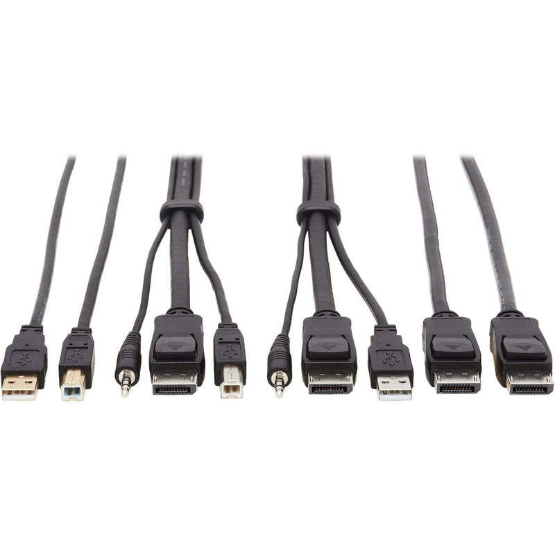 Multiple KVM cable connectors including DisplayPort, USB, and audio connections arranged in a row against white background