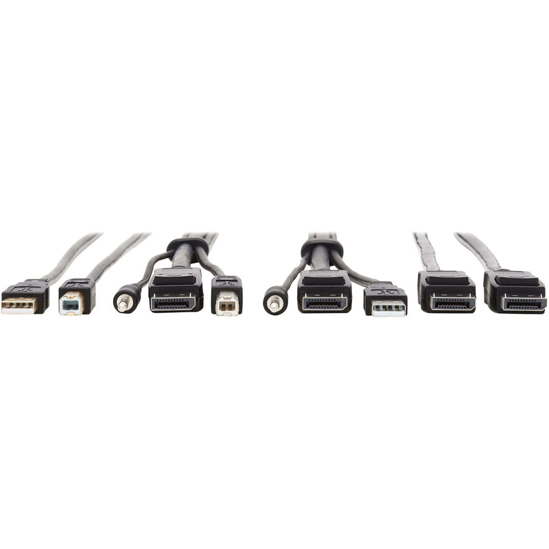 Detailed view of KVM cable connectors including DisplayPort, USB, and audio interfaces