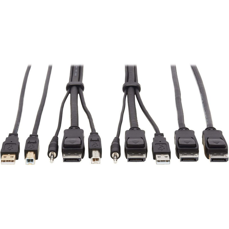 Multiple connector view of Tripp Lite KVM cable kit showing DisplayPort, USB, and audio interfaces