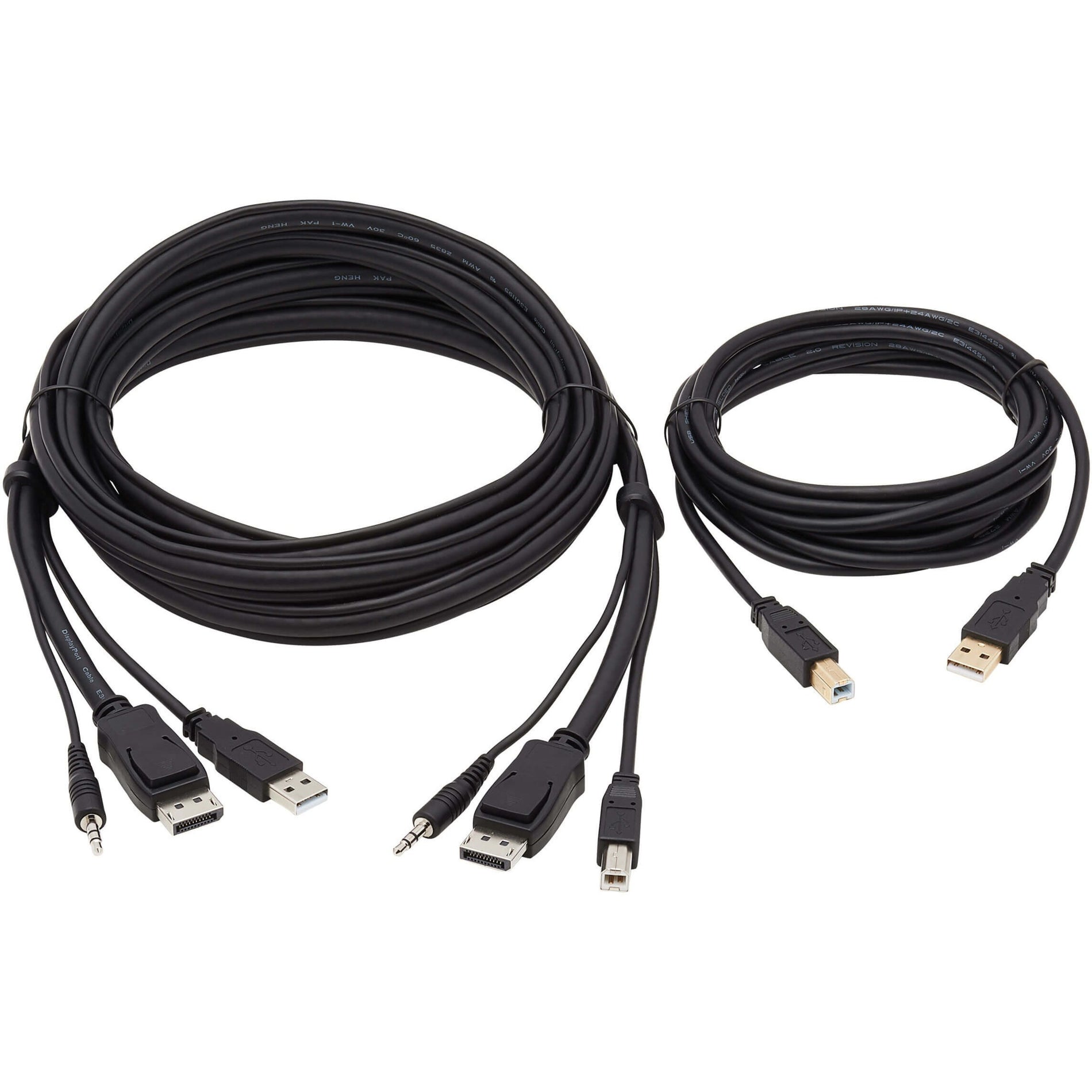 Full-length view of KVM cable kit showing DisplayPort, USB, and audio cables with strain relief-alternate-image2