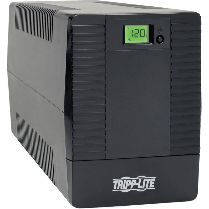 Tripp Lite SMART1500TSU UPS system showing LCD display with 120V reading and side view of cooling vents