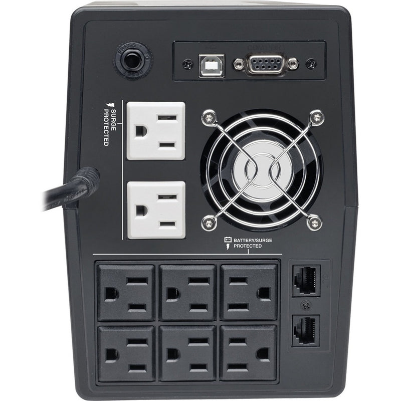 Rear panel of SMART1500TSU showing multiple outlets, cooling fan, and communication ports