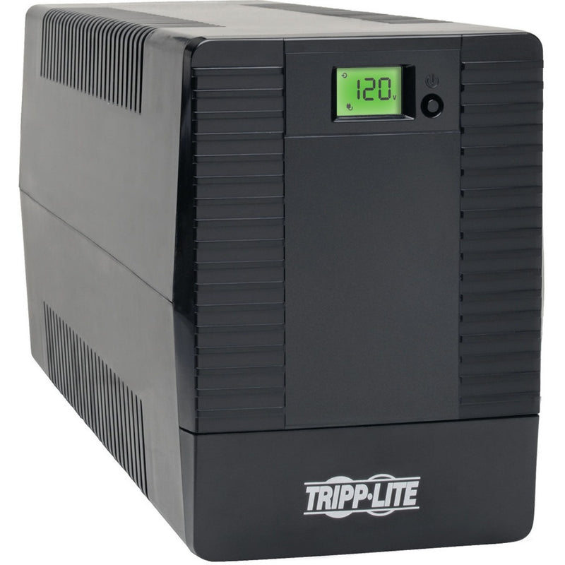 Tripp Lite SMART750TSU UPS system showing LCD display with 120V reading and side profile view