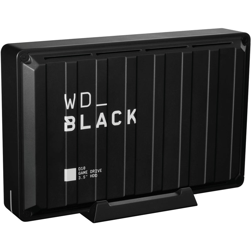 WD_Black D10 Game Drive 8TB external hard drive in black with vertical cooling fins, shown in vertical orientation with stand