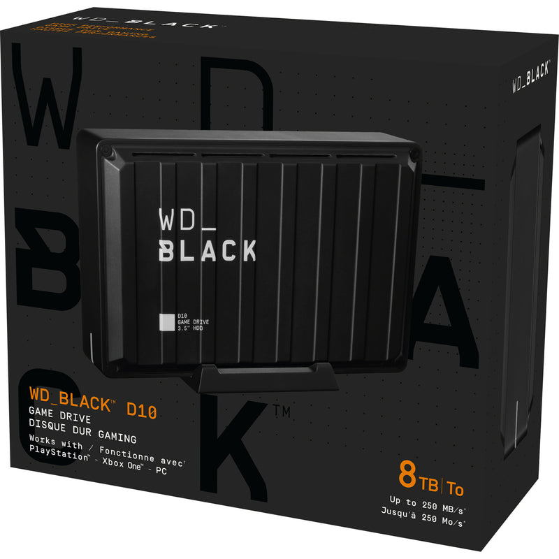 WD_Black D10 Game Drive retail packaging showing 8TB capacity, multi-platform compatibility, and transfer speed specifications